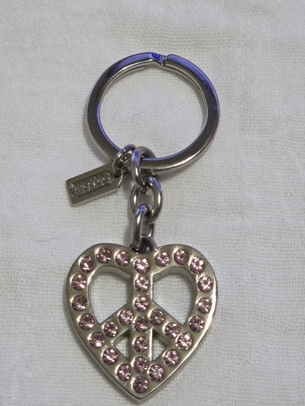 EUC - COACH Y2K CRYSTAL PAVE PEACE HEART KEY FOB RING CHARM #92691 - SILVER/PINK